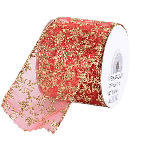 Ribbon Traditions Glitter Snowflakes Sheer Wired Ribbon 2 1/2 Inch By 25  Yards - Red 