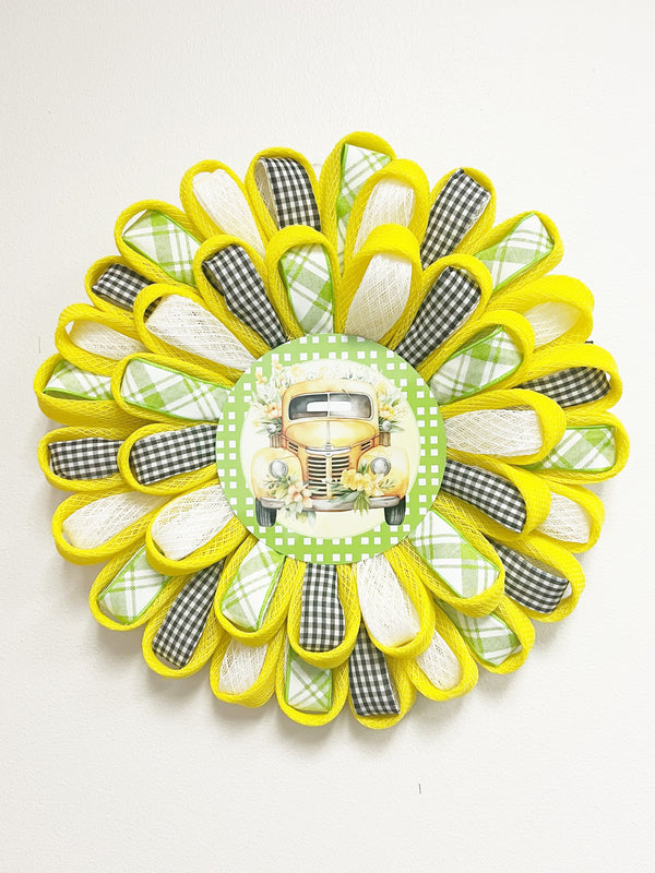 Yellow Puff Wreath with Truck Sign - Made By Designer Leah