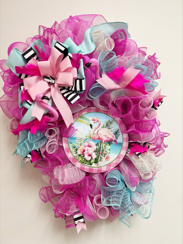 Pink and Blue Mesh Flamingo  Wreath