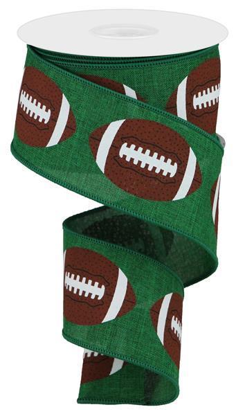 Emerald Brown White - Footballs On Royal Wired Edge Ribbon - ( 2-1/2 Inch | 10 Yards ) BBCrafts.com