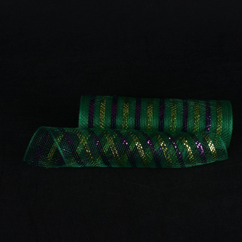 Emerald with Multi Color Lines - Poly Deco Mesh Wreath Material with Laser Mono Stripe - ( 10 Inch x 10 Yards ) BBCrafts.com