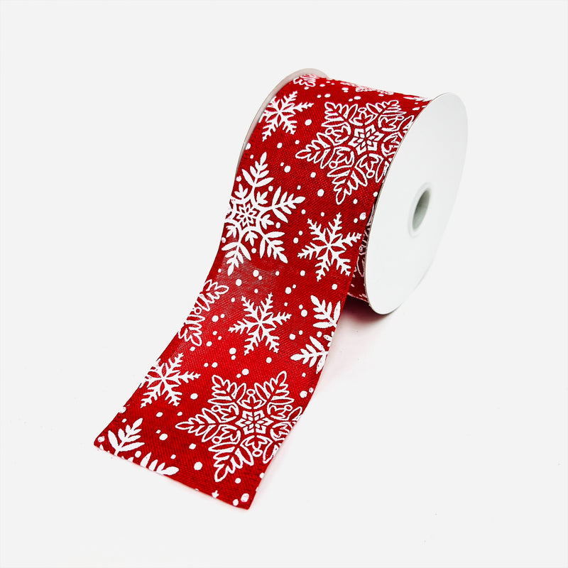 Christmas Holiday White Snowflake Gift Wrap Ribbon Faux Burlap Linen - 2.5 Inch x 10 Yards