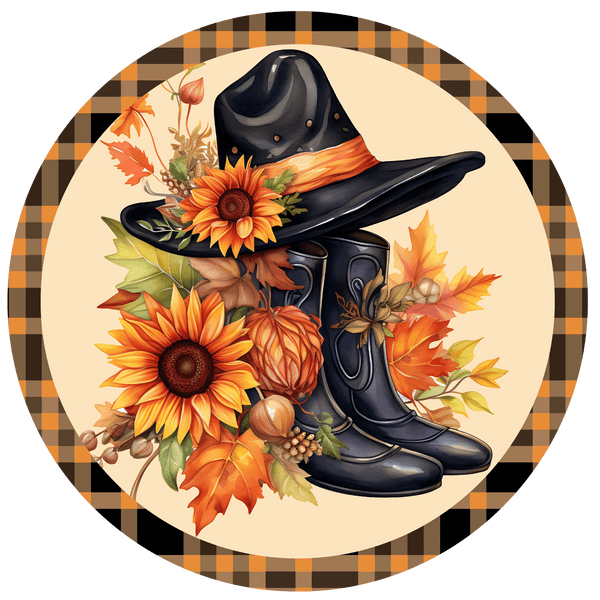 Fall Metal Sign: COWGIRL HAT BOOT - Wreath Accent - Made In USA BBCrafts.com