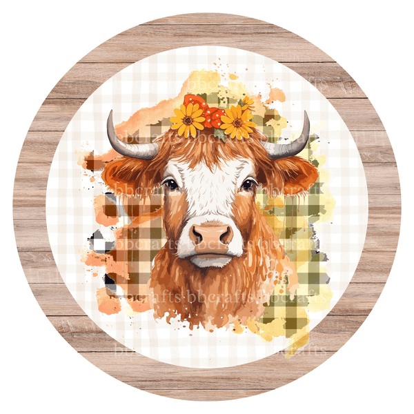 Fall Metal Sign: FLOWERY HIGHLAND COW - Wreath Accents - Made In USA BBCrafts.com