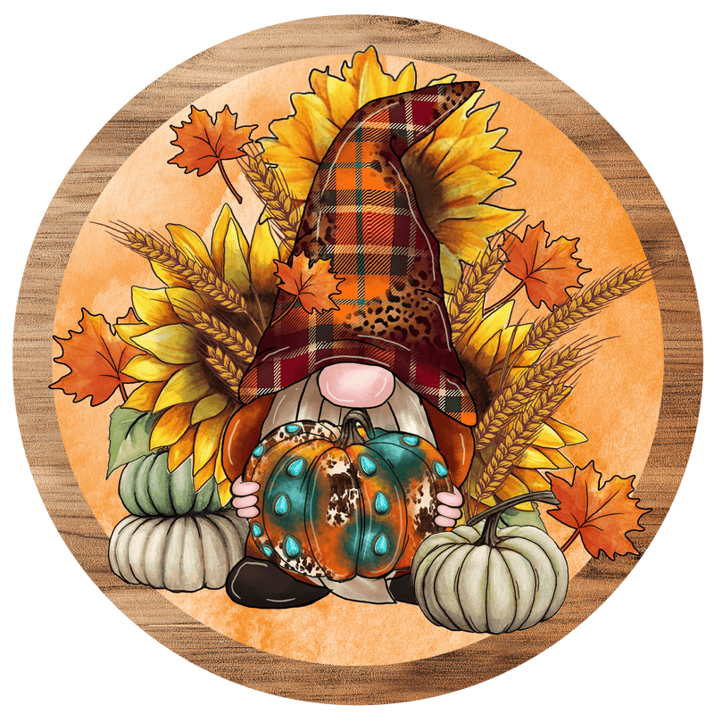Fall Metal Sign: HIPPIE GNOME WITH PUMPKIN - Wreath Accent - Made In USA BBCrafts.com