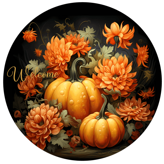 Welcome Pumpkin with Flower Metal / Vinyl Sign - Made in USA