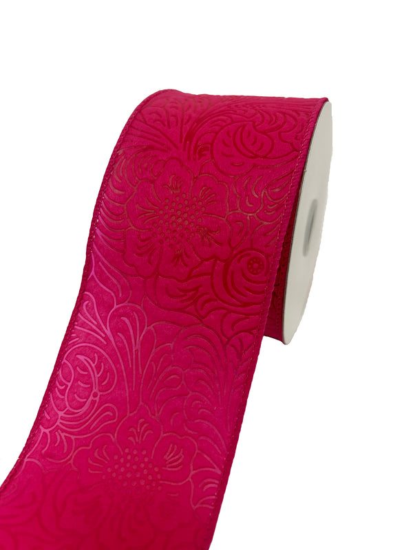 Fuchsia Flower Embossed Wired Ribbon - 2-1/2 Inch x 10 Yards
