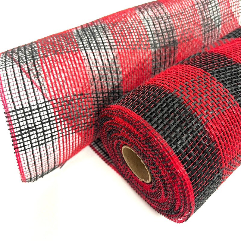 Black Red Check Faux Burlap Mesh 10 Inch x 10 Yards