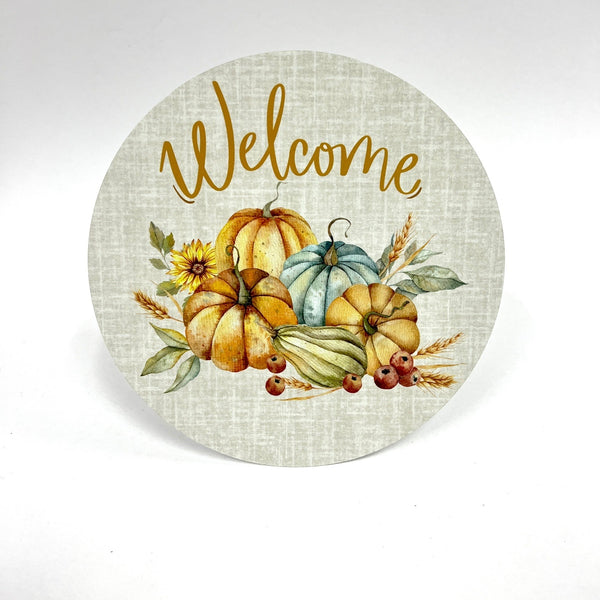 8 Inch Round Home Metal Sign: WELCOME- Wreath Accents - Made In USA