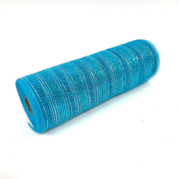 Turquoise - Deco Mesh Eyelash Metallic Stripes - 10 Inch x 10 Yards