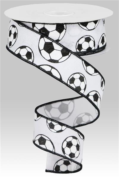 Glitter Soccer White Royal Design Wired Edge Ribbon - ( 1-1/2 Inch | 10 Yards ) BBCrafts.com