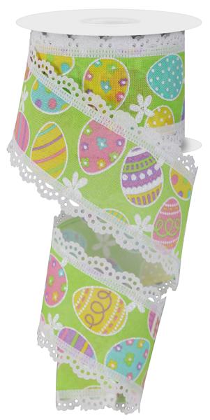 Green Light Pink Soft Yellow Lavender - Easter Eggs Lace Ribbon - ( 2-1/2 Inch | 10 Yards ) BBCrafts.com