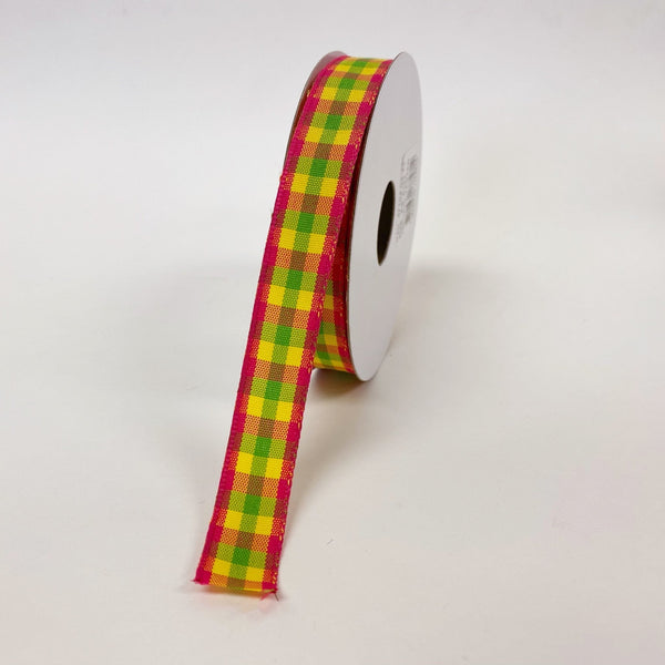 Green Yellow Fuchsia Classica Chex Ribbon - (5/8 Inch x 10 Yards ) BBCrafts.com