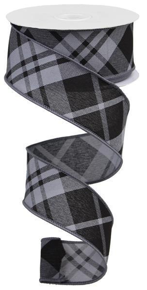 Grey Black - Printed Diagonal Plaid Wired Edge Ribbon - ( 1-1/2 Inch | 10 Yards ) BBCrafts.com