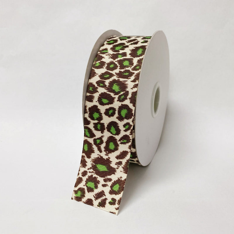Grosgrain Ribbon Animal Print Fuzzy Leopard Green ( 1 - 1/2 Inch | 25 Yards ) BBCrafts.com
