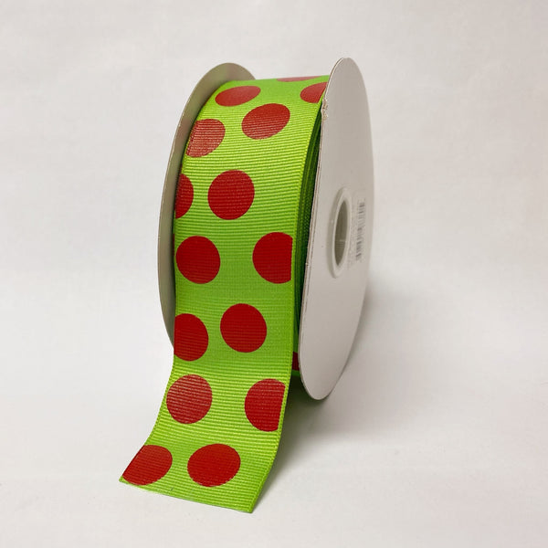 Grosgrain Ribbon Jumbo Dots Apple Green with Red Dots ( W: 1 - 1/2 Inch | L: 25 Yards ) BBCrafts.com