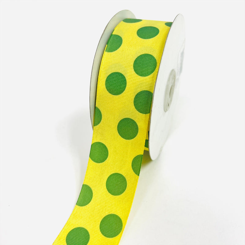 Grosgrain Ribbon Jumbo Dots Canary with Apple Green Dots ( W: 1 - 1/2 Inch | L: 25 Yards ) BBCrafts.com