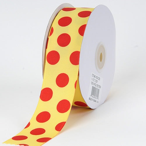 Grosgrain Ribbon Jumbo Dots Canary with Red Dots ( W: 1 - 1/2 Inch | L: 25 Yards ) BBCrafts.com