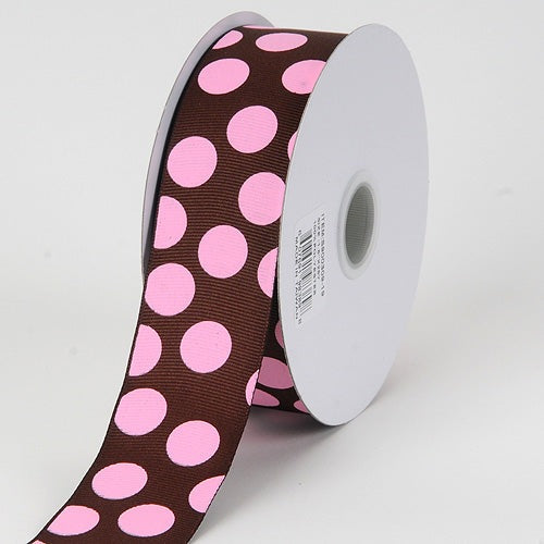 Grosgrain Ribbon Jumbo Dots Chocolate with Pink Dots ( W: 1 - 1/2 Inch | L: 25 Yards ) BBCrafts.com