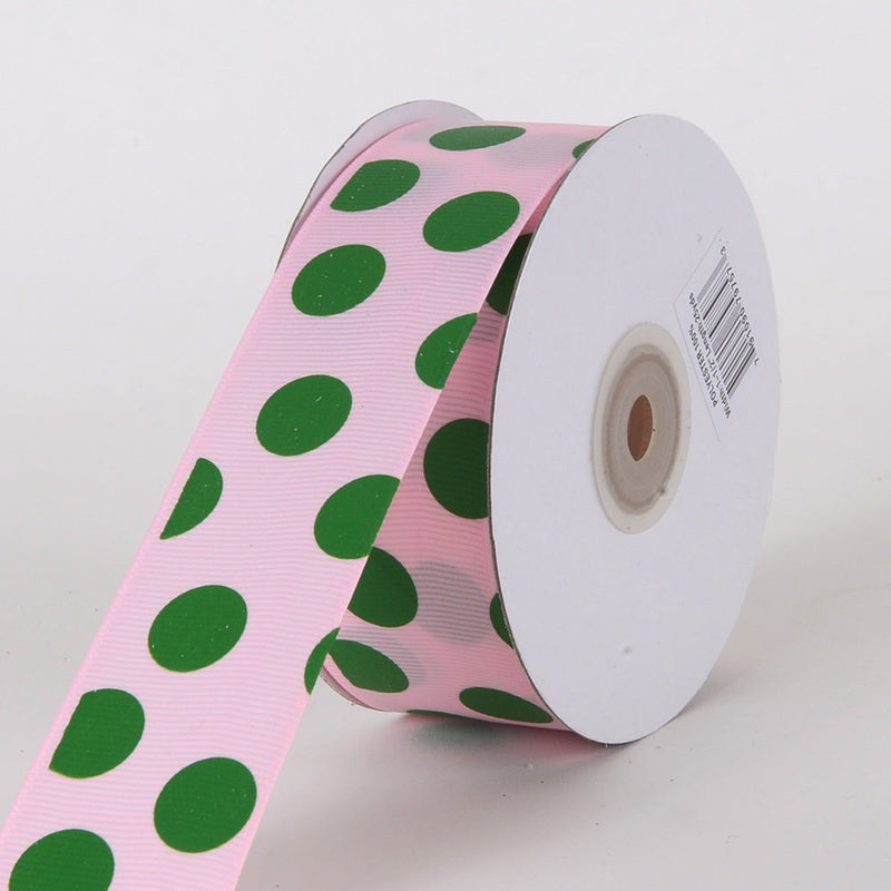 Grosgrain Ribbon Jumbo Dots Pink with Emerald Dots ( W: 1 - 1/2 Inch | L: 25 Yards ) BBCrafts.com