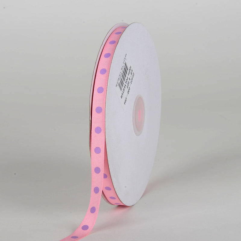Grosgrain Ribbon Polka Dot Pink with Lavender Dots ( W: 3/8 Inch | L: 50 Yards ) BBCrafts.com