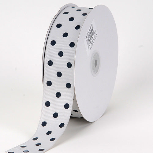 Grosgrain Ribbon Polka Dot Silver with Black Dots ( W: 3/8 Inch | L: 50 Yards ) BBCrafts.com