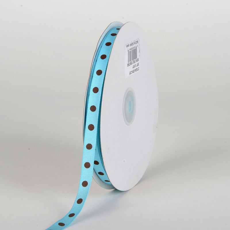 Grosgrain Ribbon Polka Dot Turquoise with Brown Dots ( W: 3/8 Inch | L: 50 Yards ) BBCrafts.com