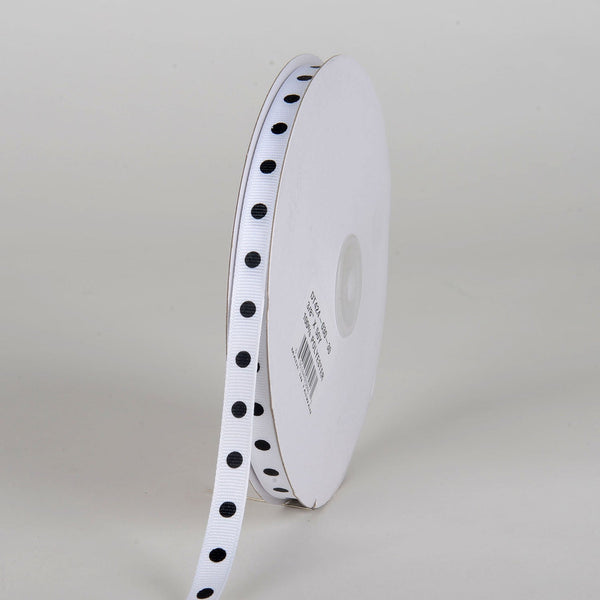 Grosgrain Ribbon Polka Dot White with Black Dot ( W: 3/8 Inch | L: 50 Yards ) BBCrafts.com