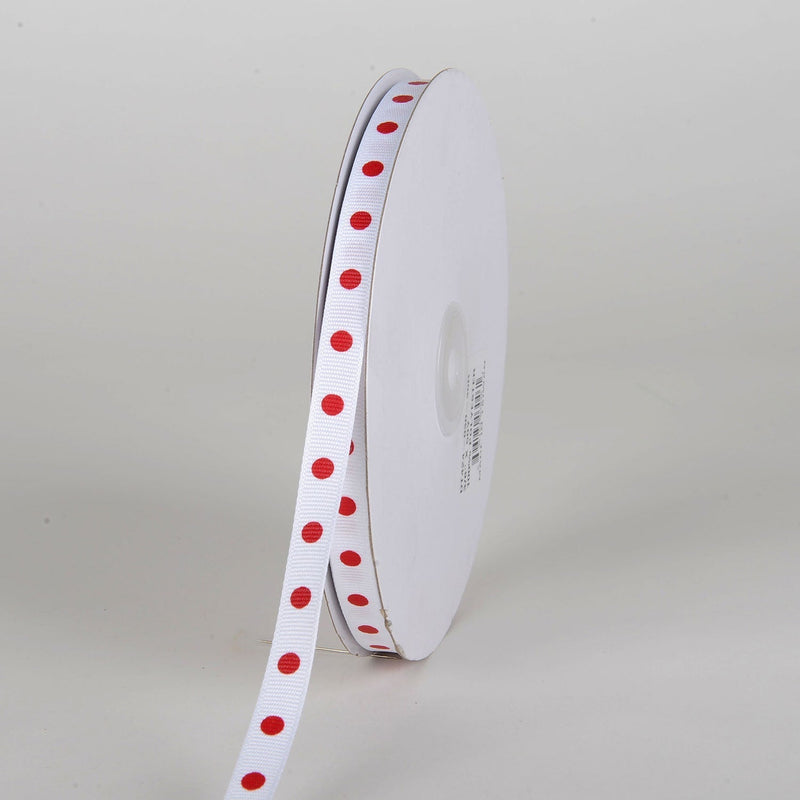Grosgrain Ribbon Polka Dot White with Red Dots ( W: 3/8 Inch | L: 50 Yards ) BBCrafts.com