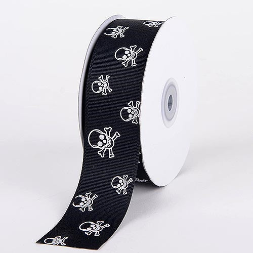 Grosgrain Ribbon Skull Design Black with Clear White Skull ( 3/8 Inch | 25 Yards ) BBCrafts.com