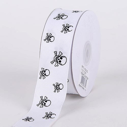 Grosgrain Ribbon Skull Design White with White Black Skull ( 7/8 Inch | 25 Yards ) BBCrafts.com