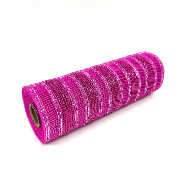 Hot Pink - Deco Mesh Eyelash Metallic Stripes - (10 Inch x 10 Yards) BBCrafts.com