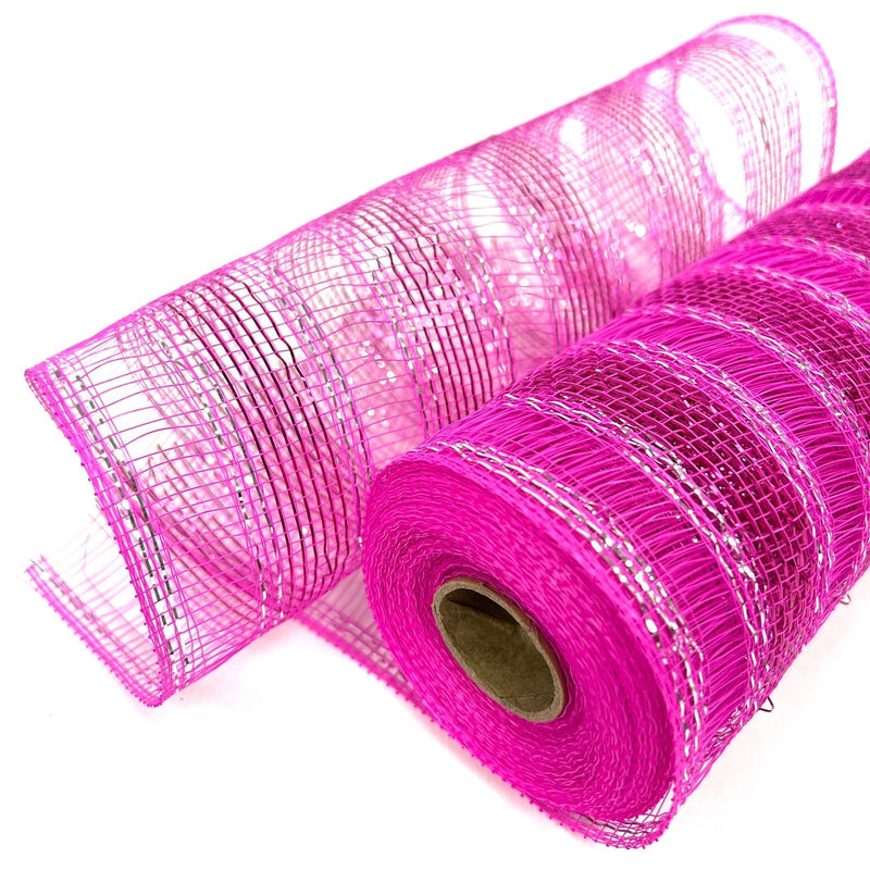 Hot Pink - Deco Mesh Eyelash Metallic Stripes - (10 Inch x 10 Yards) BBCrafts.com