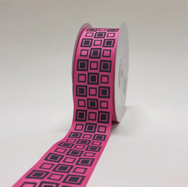 Hot Pink with Black - Square Design Grosgrain Ribbon ( 1 - 1/2 Inch | 25 Yards ) BBCrafts.com