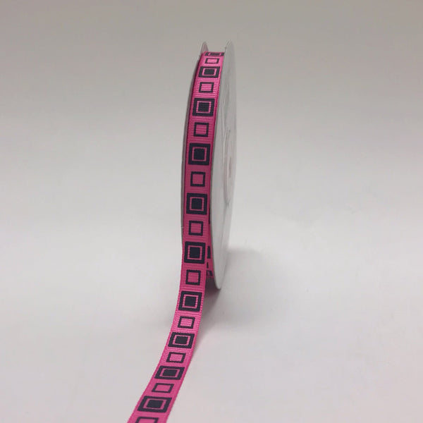 Hot Pink with Black - Square Design Grosgrain Ribbon ( 3/8 Inch | 25 Yards ) BBCrafts.com