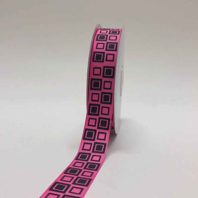 Hot Pink with Black - Square Design Grosgrain Ribbon ( 7/8 Inch | 25 Yards ) BBCrafts.com