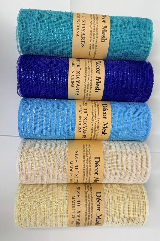 10 Inch x 10 Yards - Deco Mesh Metallic Stripes - Royal Blue, Light Blue, White, Ivory, Aqua Blue - Pack of 5