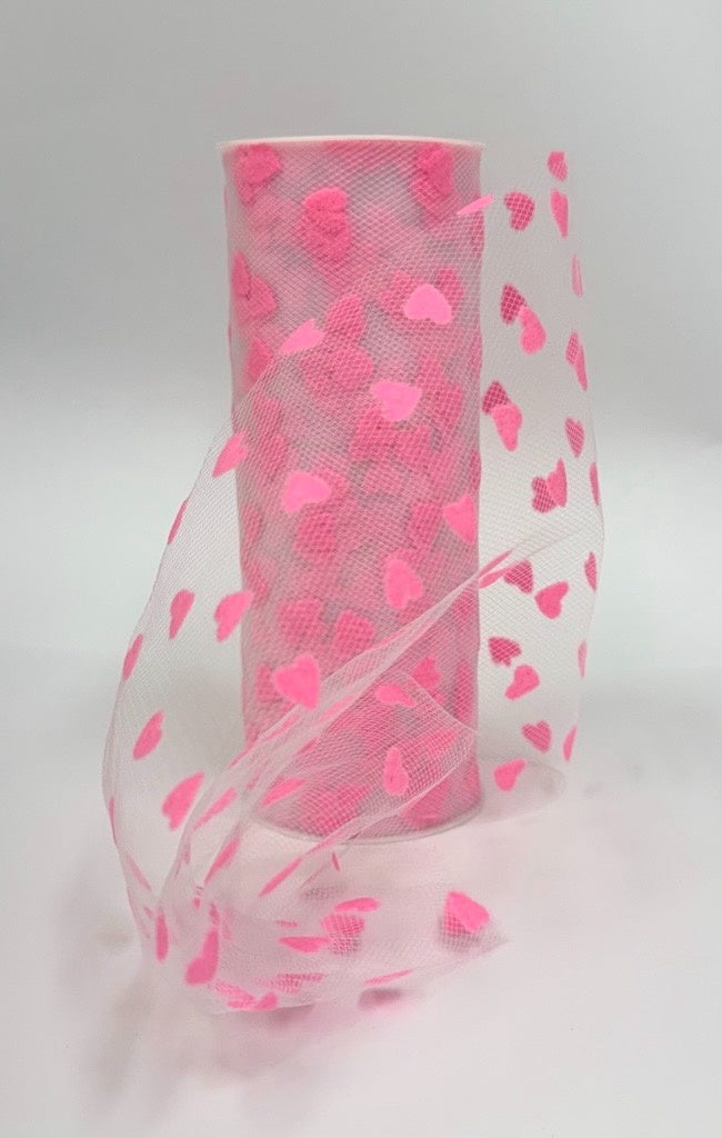 Pink - Organza Heart Tulle Roll - ( 6 Inch | 10 Yards )