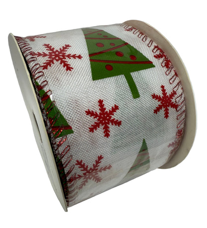 Christmas Trees with Red Ornaments and Diagonal Stripes Burlap Ribbon - (2.5 Inch x 10 Yards)
