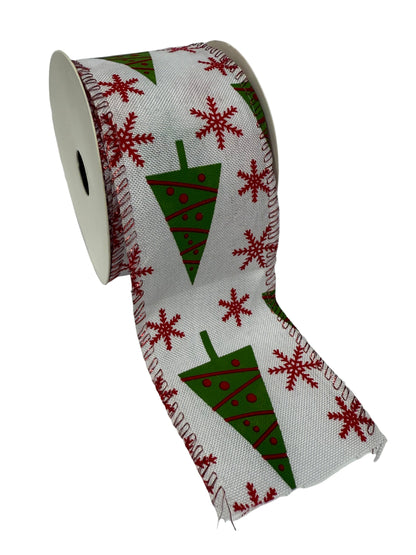 Christmas Trees with Red Ornaments and Diagonal Stripes Burlap Ribbon - (2.5 Inch x 10 Yards)