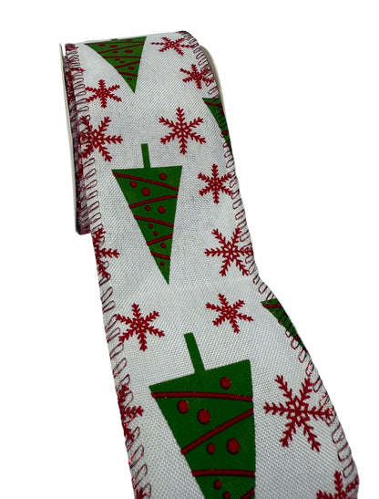 Christmas Trees with Red Ornaments and Diagonal Stripes Burlap Ribbon - (2.5 Inch x 10 Yards)