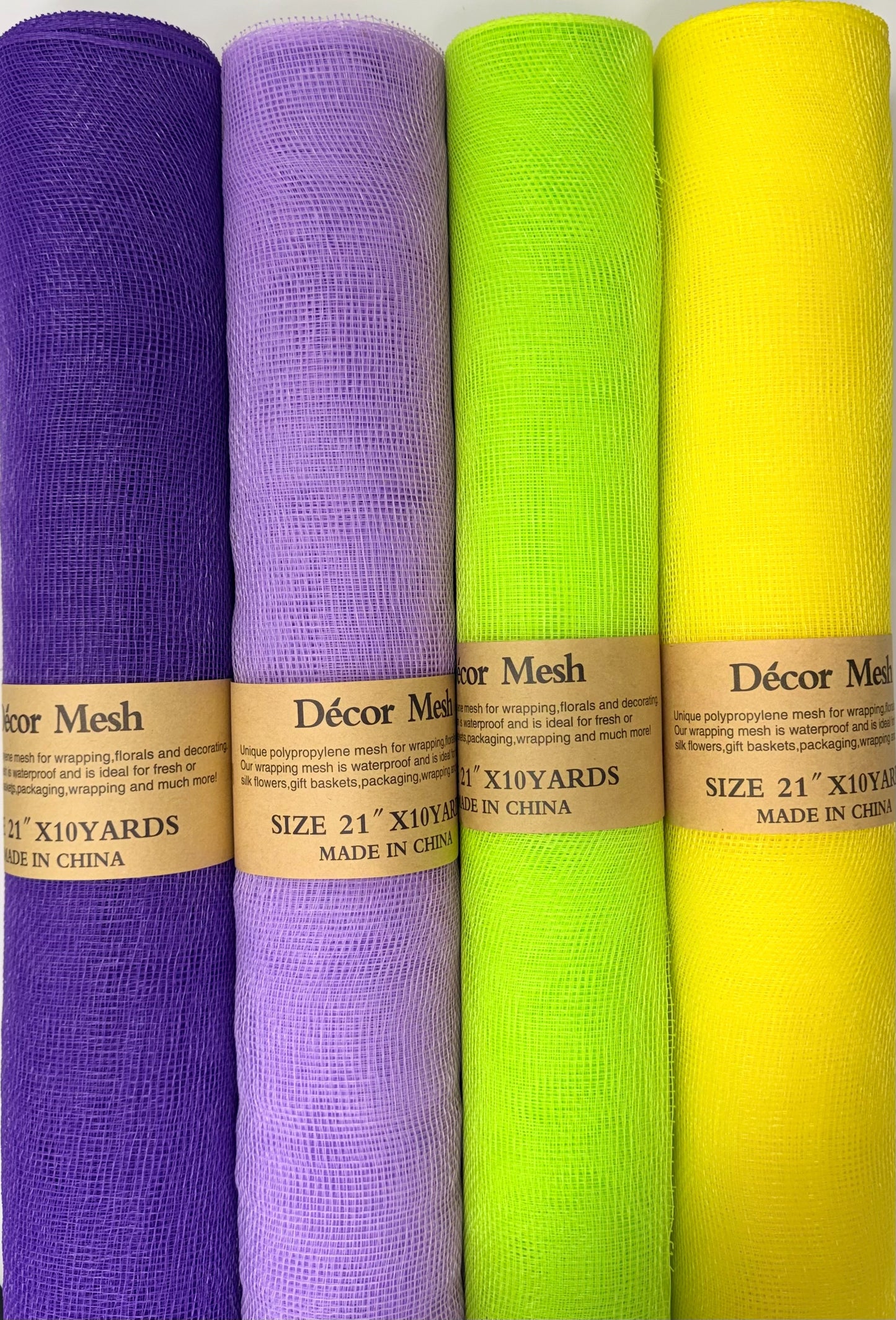 21 Inch x 10 Yards - Deco Mesh Solid Color - Apple Green, Purple, Yellow, Lavender - Pack of 4