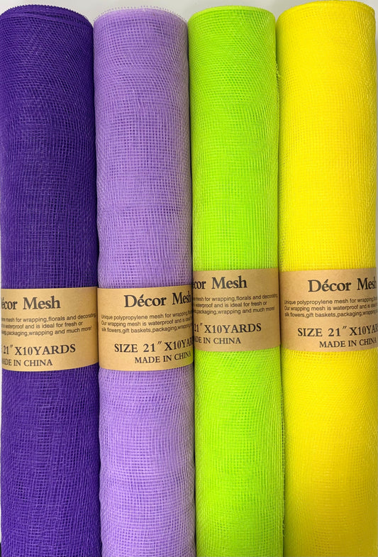 21 Inch x 10 Yards - Deco Mesh Solid Color - Apple Green, Purple, Yellow, Lavender - Pack of 4