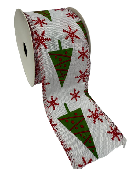 Christmas Trees with Red Ornaments and Diagonal Stripes Burlap Ribbon - (2.5 Inch x 10 Yards)