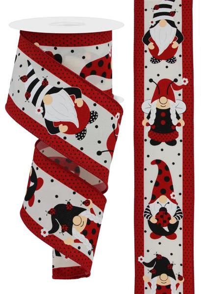 Ivory Red White Black - Gnomes With Ladybugs Ribbon - ( 2-1/2 Inch | 10 Yards ) BBCrafts.com