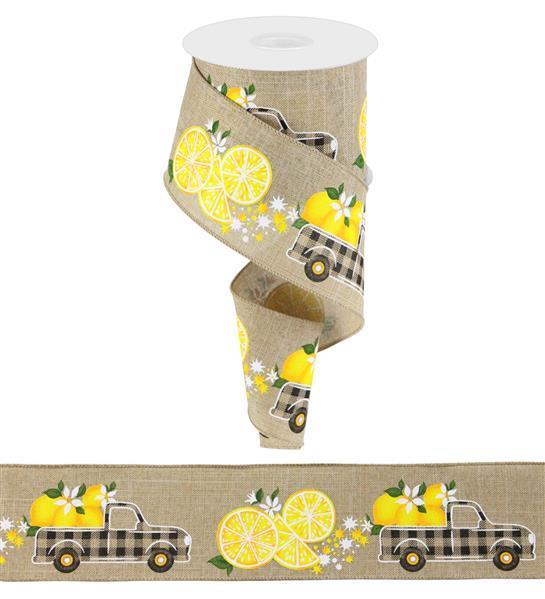 Lemons In A Truck Spring Burlap Natural Wired Edge Ribbon - ( 2-1/2 Inch | 10 Yards ) BBCrafts.com