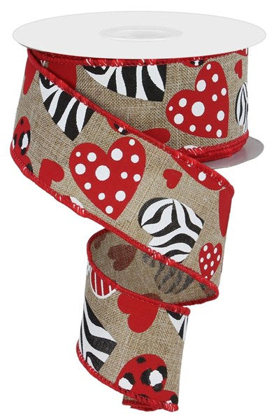 Light Beige Red Black - Zebra Leopard Print Hearts Ribbon - ( 1-1/2 Inch | 10 Yards ) BBCrafts.com