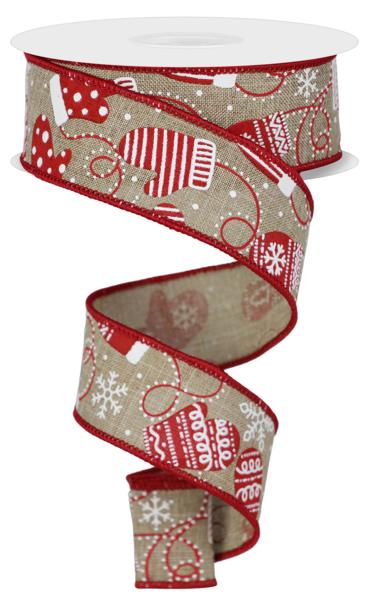 Light Beige Red White - Christmas Mittens Wired Edge Ribbon - ( 1-1/2 Inch | 10 Yards ) BBCrafts.com