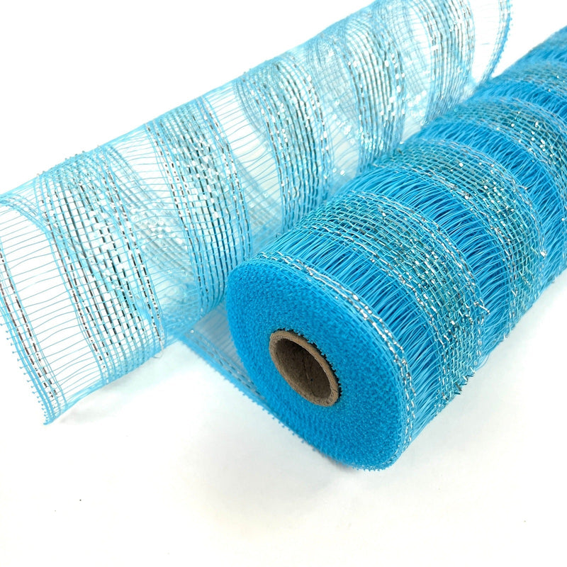 Light Blue - Deco Mesh Eyelash Metallic Stripes - (10 Inch x 10 Yards) BBCrafts.com