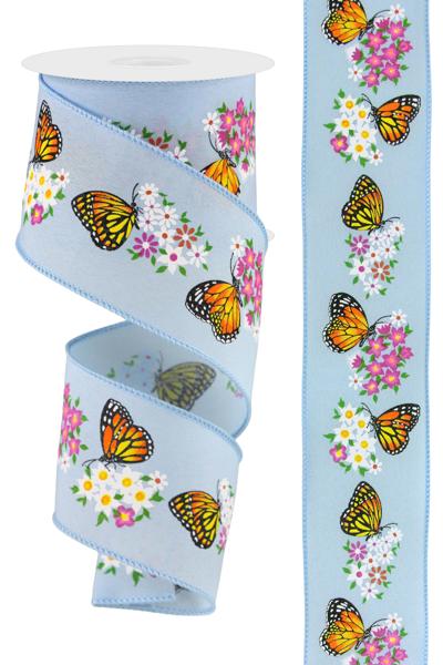 Light Blue Multi - Butterfly With Flowers Ribbon - ( 2-1/2 Inch | 10 Yards ) BBCrafts.com